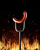 Sausage on fork over flames