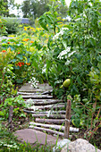 Winding path of branches and stones through lushly planted garden