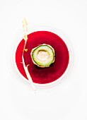 Ginger beer, beetroot and mint soup with baked Obatzda cucumber