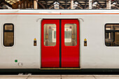 Close-up view of train at station, Liverpool Street Station, London, England, UK