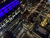 High angle view of grid street pattern at night, New York City, New York, USA