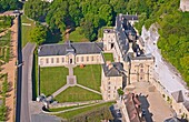 France, Val d'Oise, La Roche Guyon, labeled The Most Beautiful Villages of France, the castle and its garden along the Seine (aerial view)