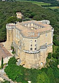 France, Drome, Drome Provencale, Suze la Rousse, the 11th century feudal castle sheltering the University of Wine since 1978 (aerial view)