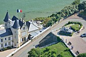 France, Calvados, Arromanches les Bains, Sherman French tank (aerial view)