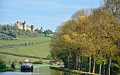 France, Cote d'Or, Barges tied to bank of Burgundy Canal, Chateauneuf en Auxois