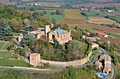 France, Rhone, Beaujolais region, the wine producing castle of Montmelas Saint Sorlin (aerial view)