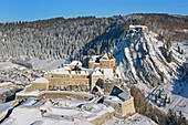 Frankreich, Doubs, La Cluse et Mijoux, die Festung von Joux (Luftaufnahme)