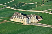 France, Cote d'Or, Burgundy climates listed as World Heritage by UNESCO, the vineyard and the castle of the Clos Vougeot (aerial view)