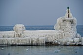 Switzerland, Canton of Vaud, Versoix, the shores of Lake Geneva covered with ice in a very cold wind, an ice covered jetty