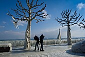 Schweiz, Kanton Waadt, Versoix, Genferseeufer bei sehr kaltem Wetter, zwei Fotografen erfreuen sich an den extremen Wetterbedingungen