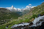 Switzerland, Valais, Zermatt in the mountain the torrent of Stellisee and the elegant Matterhorn