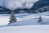 Frankreich, Haute Savoie, Bornes-Massiv, Plateau des Glieres, Blick auf die Plateautäler und die verschneiten Almen