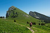 Frankreich, Haute Savoie, Massif des Bornes, Glieres-Plateau, Blick auf den Parnal-Felsen und den Berg Tampes vom Ebat-Pass aus