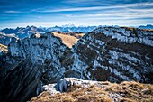 France, Haute Savoie, Massif des Bornes, Plateau des Glieres, hiking in the mountain of Sous Dine, the summit overlooking the rock Parnal