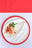 Canada, New Brunswick, Charlotte County, St. Andrews, Savor gourmet restaurant (chef Alex Haun), lobster on gruyere risotto and chives