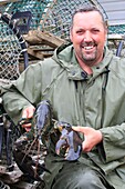 Canada, New Brunswick, Acadia, Miscou, return of the lobster fishery, a fisherman and a lobster of good size