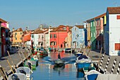 Italy, Veneto, Venice listed as World Heritage by UNESCO, Burano island, Burano, colorful houses, canal and boat