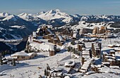 France, Haute Savoie, Chablais Massif, ski area of the Portes du Soleil, Avoriaz, general view of the resort and the rock of Enfer