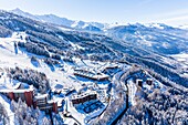 France, Savoie, Vanoise massif, valley of Haute Tarentaise, Les Arcs 2000, part of the Paradiski area, view of the resort of La Plagne (aerial view)