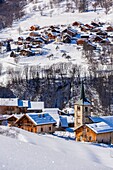 France, Savoie, Les Avanchers, Tarentaise valley, massif of the Vanoise, view of the massif of La Lauzière and the hamlet of Le Meiller