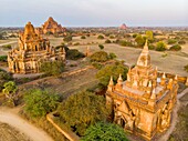 Myanmar (Burma), Mandalay region, Buddhist archaeological site of Bagan listed as World Heritage by UNESCO, Taung Guni Paya temple at first (aerial view)