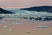 Grönland, Westküste, Diskobucht, Quervainbucht, der Eqip-Sermia-Gletscher (Eqi-Gletscher) in der Abenddämmerung und die Eiskappe im Hintergrund