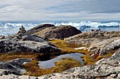 Greenland, west coast, Disko Bay, Ilulissat, hikers on the edge of the icefjord listed as World heritage by UNESCO that is the mouth of the Sermeq Kujalleq Glacier (Jakobshavn Glacier)