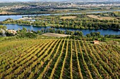 Frankreich, Loire, Saint Pierre de Boeuf, Batalon-See und Staudamm an der Rhone, Weinberg Appellation Condrieu (Luftbild)