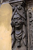 France, Bas Rhin, Strasbourg, old town listed as World Heritage by UNESCO, Quai des Bateliers, half timbered house, carved beam, woman's head