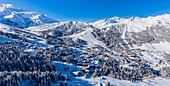 France, Savoie, Valmorel, Massif of the Vanoise, Tarentaise valley, view of the Cheval Noir (2832m) and the massif of La Lauziere and the Grand pic de la Lauziere (2829m) (aerial view)