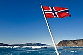 Greenland, west coast, Disko Bay, Quervain Bay, Hurtigruten's MS Fram Cruise Ship Norwegian flag