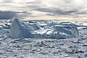 Greenland, west coast, Disko Bay, Ilulissat, icefjord listed as World heritage by UNESCO that is the mouth of the Sermeq Kujalleq Glacier (Jakobshavn Glacier)