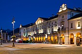 Italy, Aosta Valley, the city of Aoste, twilighton the historic center the square E Chanoux and the hotel of city