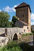 France, Jura, Arbois, the old Capuchin pedestrian bridge on the river Cuisance and Gloriette tower