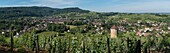 Frankreich, Jura, Arbois, Panoramablick auf die Stadt inmitten der Weinberge und den Canoz-Turm