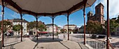 France, Territoire de Belfort, Belfort, panoramique view of the military exercise place and the cathedral saint Christophe since the bandstand
