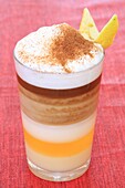 Spain, Canary Islands, Tenerife, barraquito (coffee with 2 milks normal and concentrated , cinnamon, liqueur and zest)