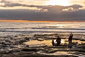 Frankreich, Pas de Calais, Opalküste, Ambleteuse, das Felsplateau bei Sonnenuntergang, während ein Vater zur Freude seines Kindes Kieselsteine ins Wasser wirft