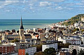 France, Seine Maritime, Le Havre, St. Vincent de Paul Church and the hill of Sainte Adresse in background