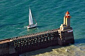 France, Seine Maritime, Pays de Caux, Cote d'Albatre, Fecamp, Pointe Fagnet lighthouse at the entrance of the harbor