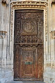 France, Seine Maritime, Rouen, Gothic Church of St Maclou (15th century), detail of the Renaissance carved wooden door of the left portal