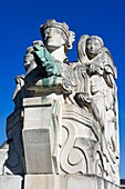 France, Seine Maritime, Rouen, Boieldieu bridge on the Seine river, work of the sculptor Jean-Marie Baumel representing Vikings