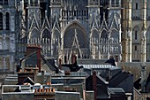 Frankreich, Seine Maritime, Rouen, Südfassade der Kathedrale Notre-Dame de Rouen hinter den Dächern der Altstadt