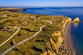 France, Calvados, Cricqueville en Bessin, Pointe du Hoc, ruins of German fortifications and bomb holes made by the Normandy landings of June 6 1944 during the Second World War (aerial view)