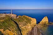 France, Calvados, Cricqueville en Bessin, Pointe du Hoc, german fortifications of the Atlantic wall, former german battery observation and firing station, monument in honor of the sacrifice of American troops and one of the places of commemoration of the landing (aerial view)