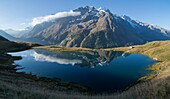 France, Hautes Alpes, The massive Grave of Oisans, panorama of Lake Pontet and Meije