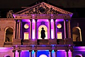 France, Paris, area listed as World Heritage by UNESCO, Les Invalides courtyard illumined during the Nuit Blanche, Napoleon I with its cocked hat by the sculptor Charles Emile Seurre