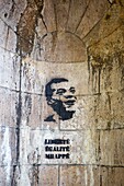 France, Paris, Ile aux Cygnes, Street art stencil Liberty, Equality, MBappé