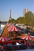 Frankreich, Paris, Seineufer, Gebäude an der Seinefront und der Eiffelturm, und Kreuzfahrtschiff: S.S. Joie de Vivre