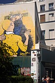 Frankreich, Paris, Monumentales Fresko mit der Darstellung von Tintin und Kapitän Haddock des Malers Combo an der Ecke der rue d'Aboukir und der rue des Petits Carreaux